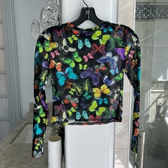 Alice + Olivia Delaina Butterfly Mesh Crop Top Butterfly High Black - Picture 11 of 12